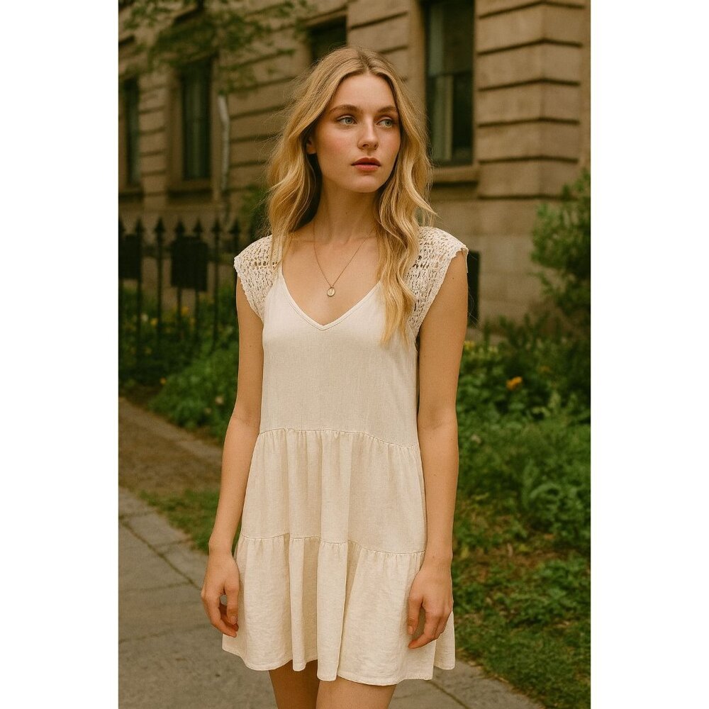 Altard State Crochet Sleeve Boho Cottage Core Womens Cream Tiered Dress M Cotton